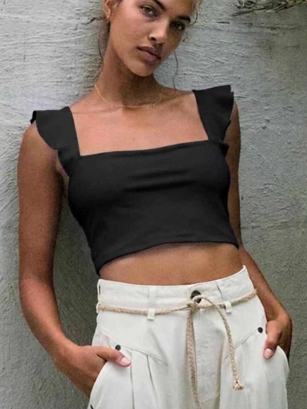 Free People Intimately Black Little Flirty Duo Flutter Sleeve Crop Top sz Large